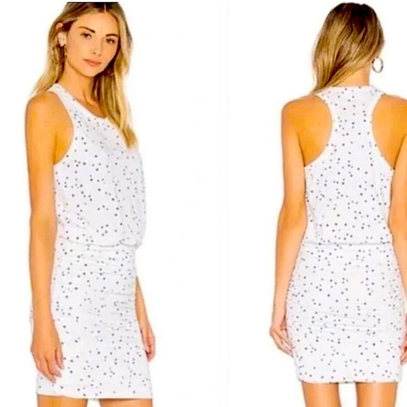 Sundry White Ruched Blouson Tank Dress with Navy Blue Stars Size Large - Picture 1 of 12